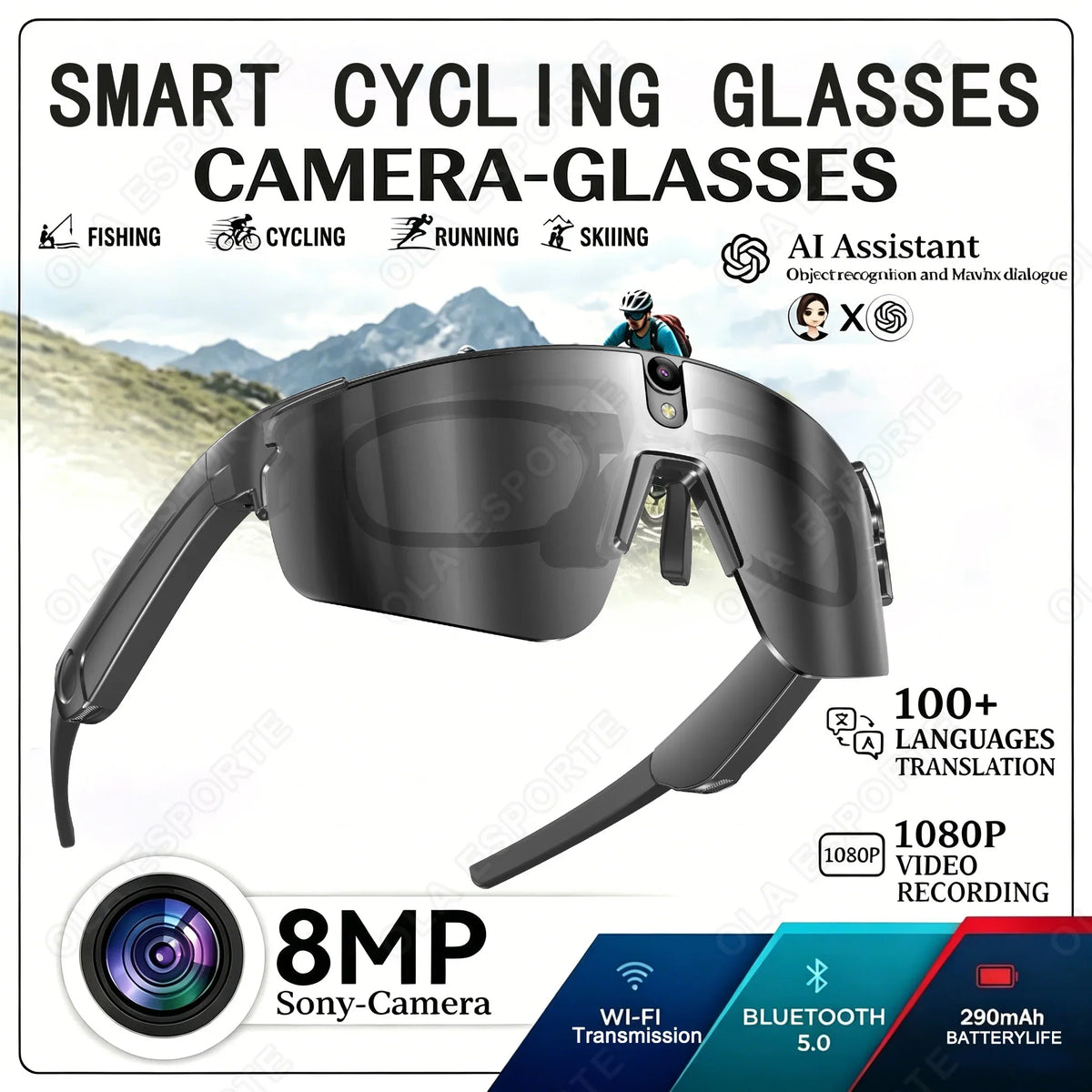 Smart Cycling Glasses 8MP Camera WiFi BT AI Translator Sports