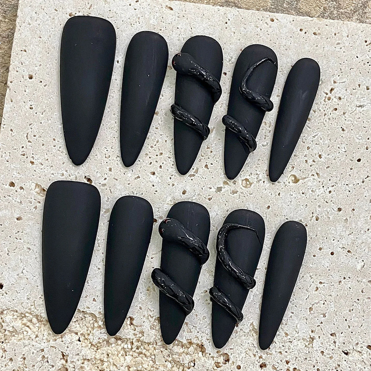 Matte Black 3D Almond Press On Nails – Punk Y2K Style 10pcs
