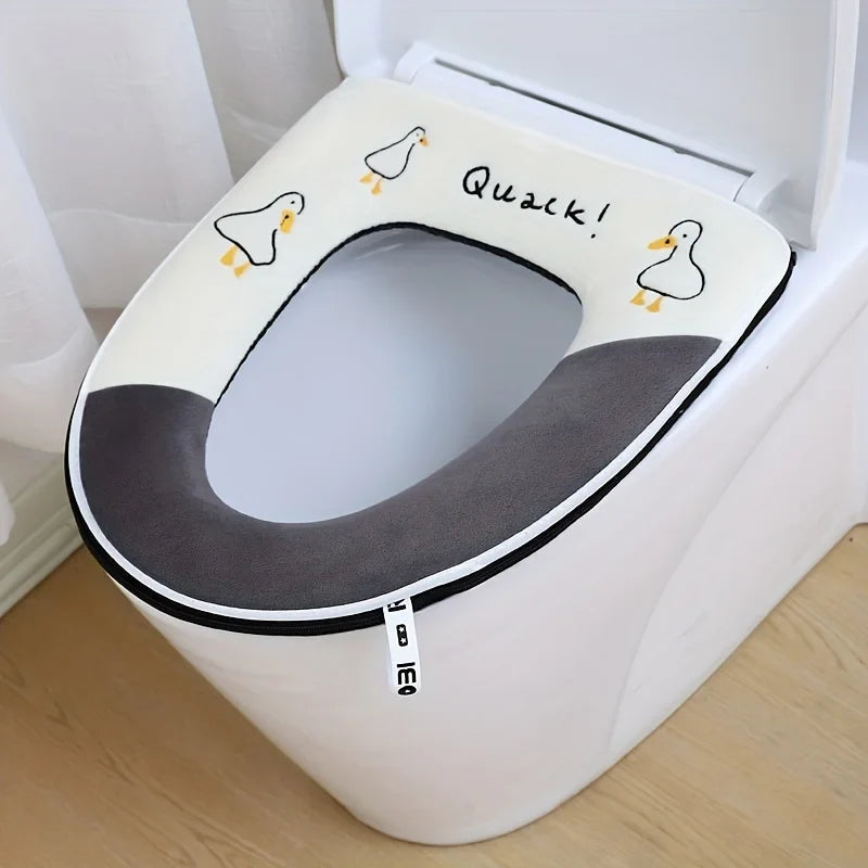 Cute Embroidery Toilet Seat Cover Zipper Soft Warmer Washable Mat Pad