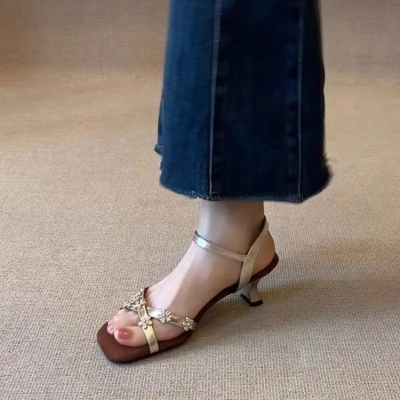 Women's Flower Buckle Peep Toe Low Heel Sandals | Party Shoes