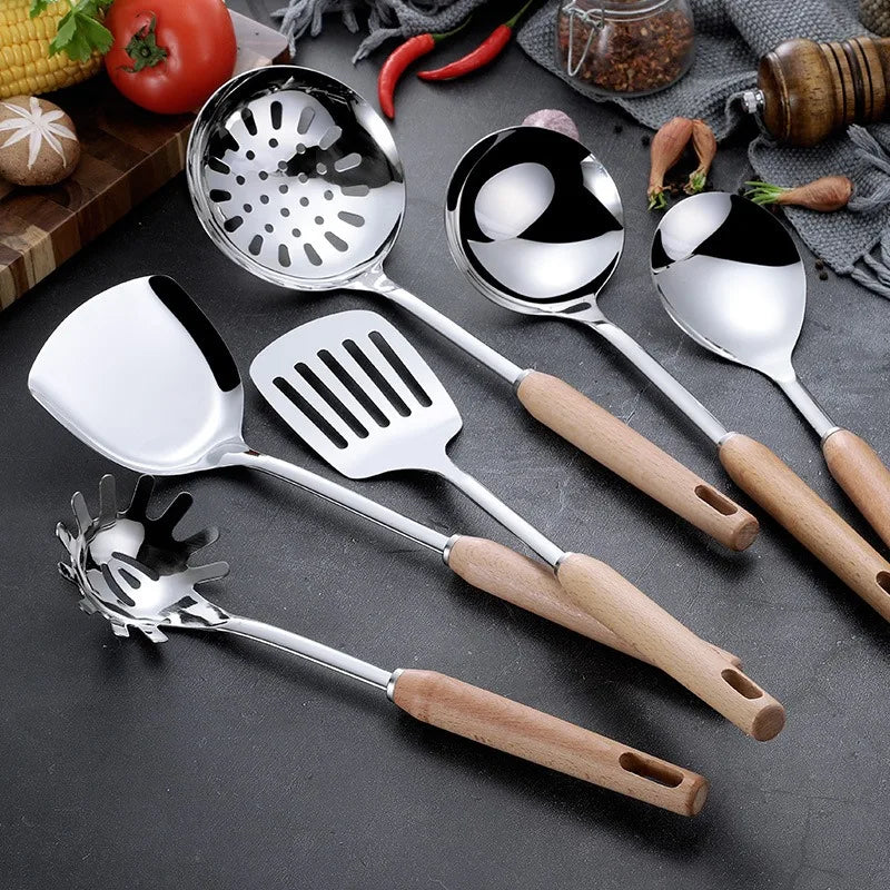 6-Piece Wooden Handle Stainless Steel Kitchen Utensil Set