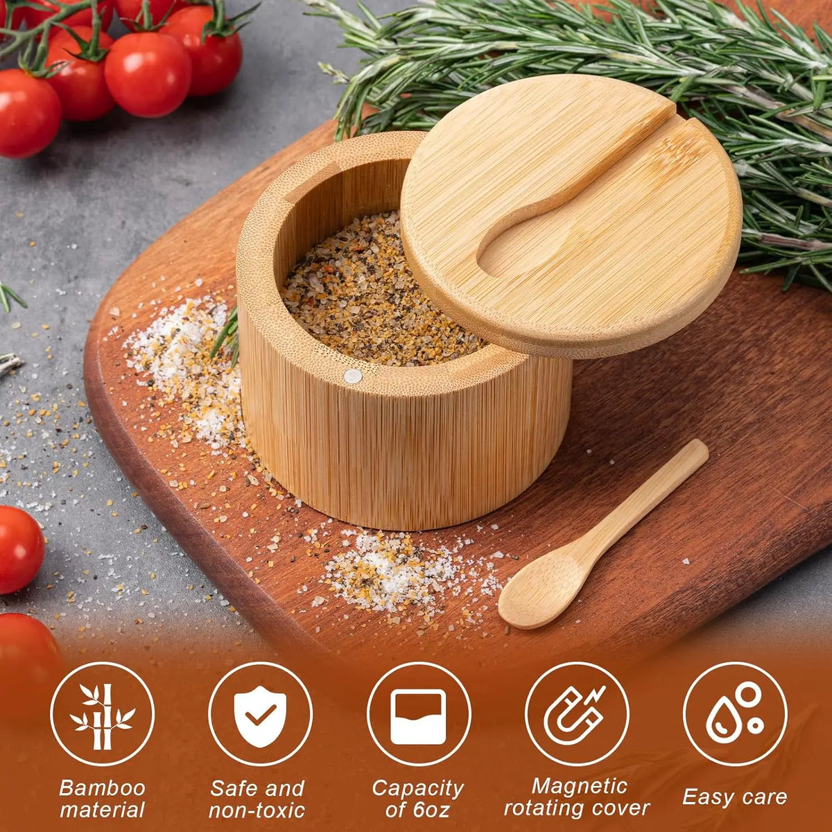 Bamboo Seasoning Container Magnetic Twist-top Lid Spoon Ideal Storing