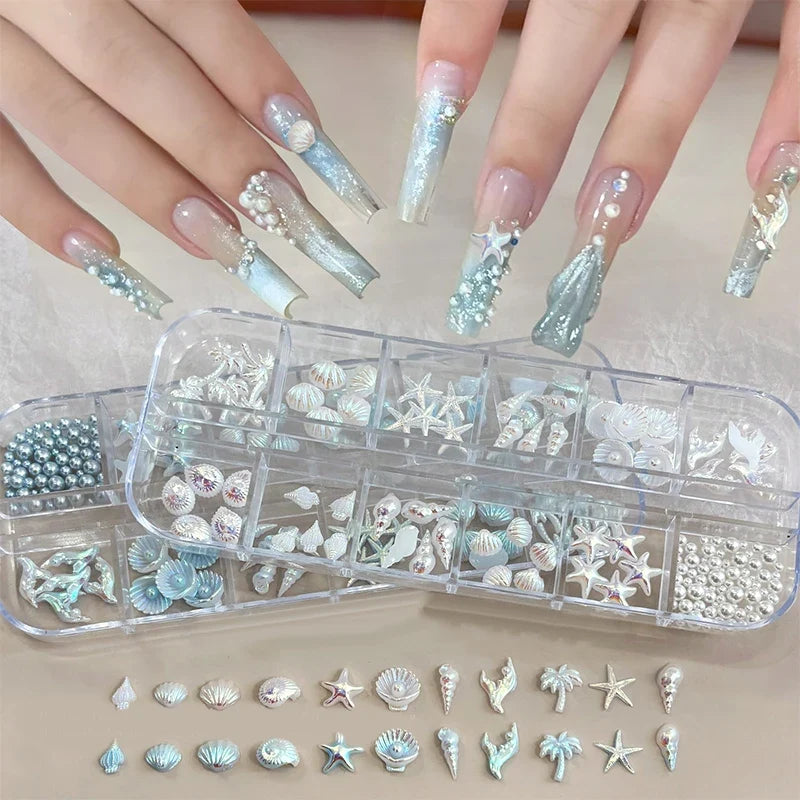 3D Ocean Nail Charms – Shell, Starfish & Mermaid 12-Grid Box