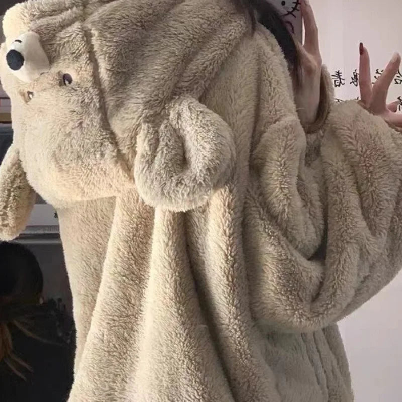 Bear Ear Hooded Pajama Set – Cozy Coral Fleece Women's Sleepwear