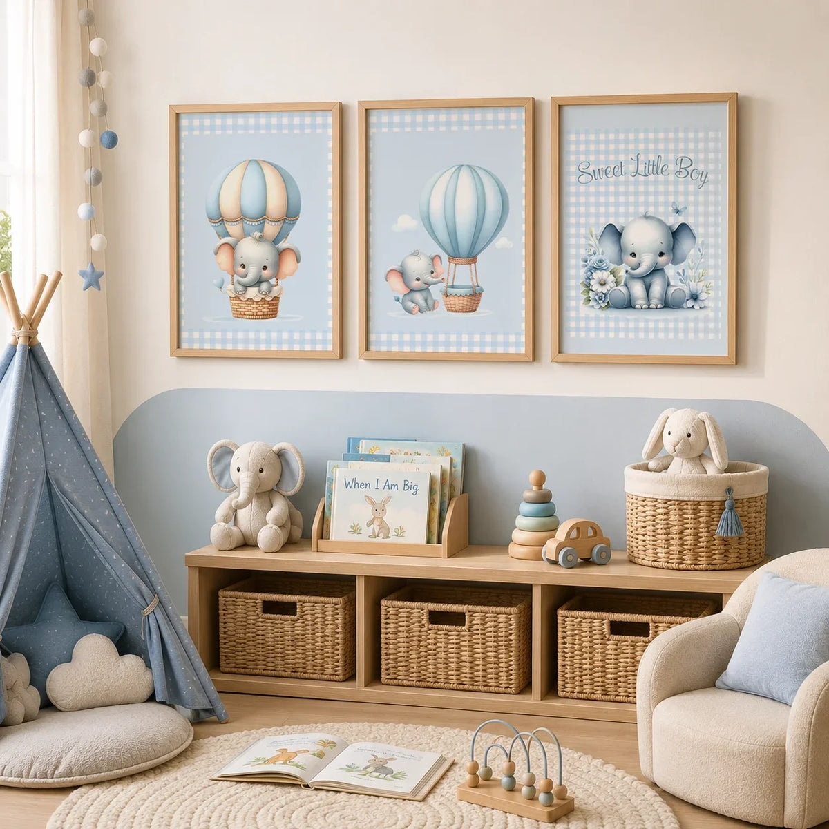 Elephant Hot Air Balloon Nursery Canvas Wall Art | Kids Decor