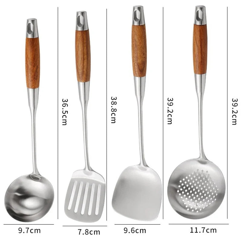 4-Piece Stainless Steel Cooking Utensil Set – Wooden Handle