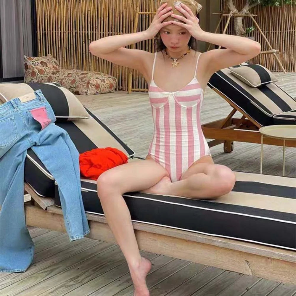 Retro Stripe Women's Swimsuit | Belly Cover-Up Skirt