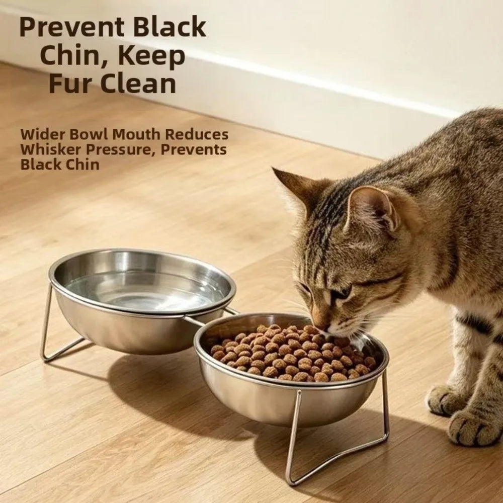 Elevated Stainless Steel Cat Double Bowl Set – Anti-Tip Raised