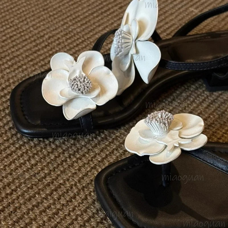Women's Flower Square Toe Low Heel Sandals | Summer Buckle