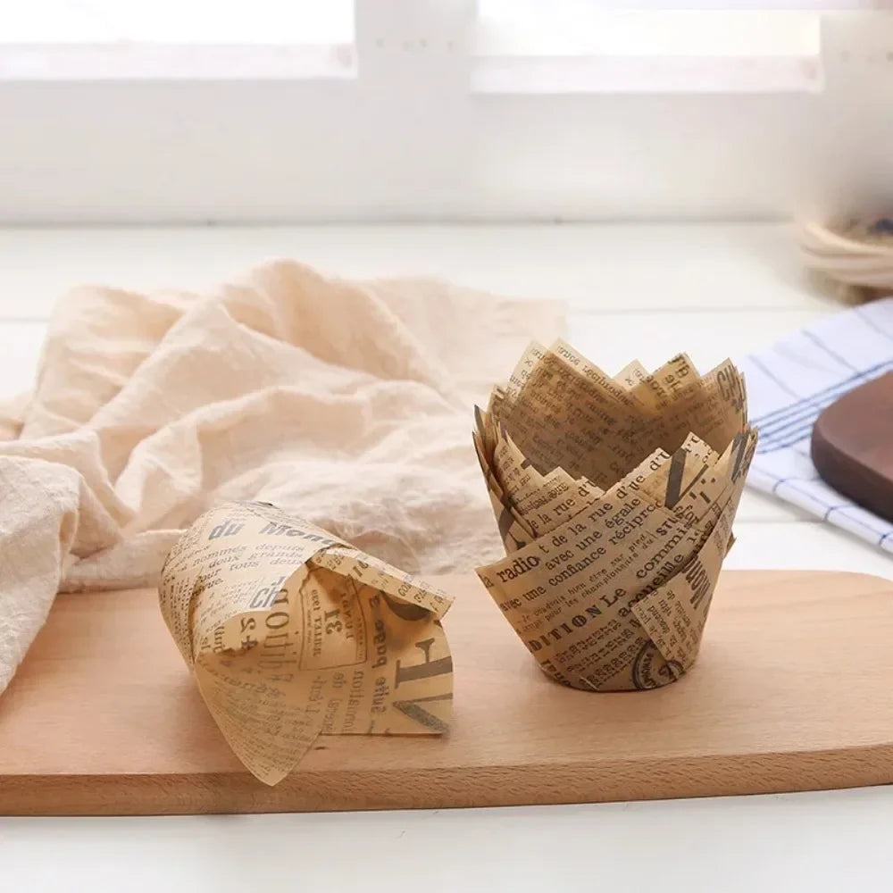 50pcs Newspaper Style Tulip Cupcake Liners & Baking Cups