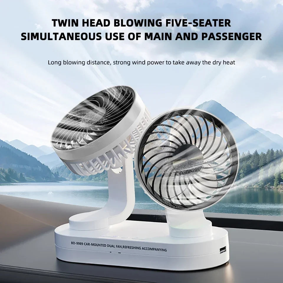 URGGU Dual Head USB Car Fan – 360° Adjustable, 3 Speeds
