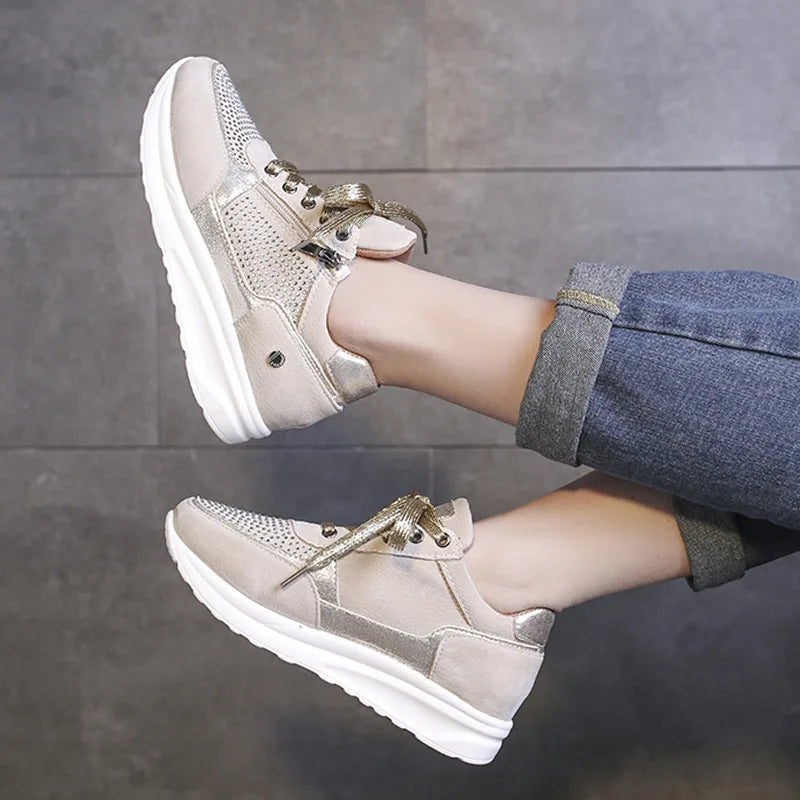 Women's Sequin Wedge Platform Sneakers – Non-Slip Lace-Up