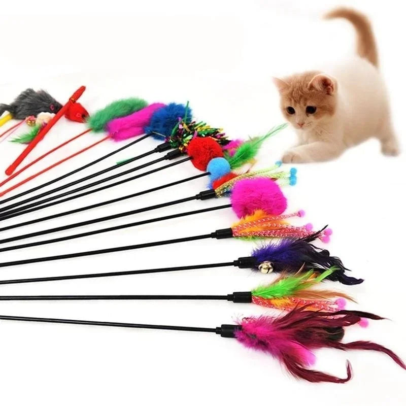 Kitten Pet Cat Teaser Turkey Feather Interactive Fun Toy Wire Chaser
