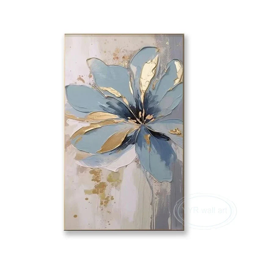 Hand-Painted Blue Floral Oil Painting on Canvas | Wall Art