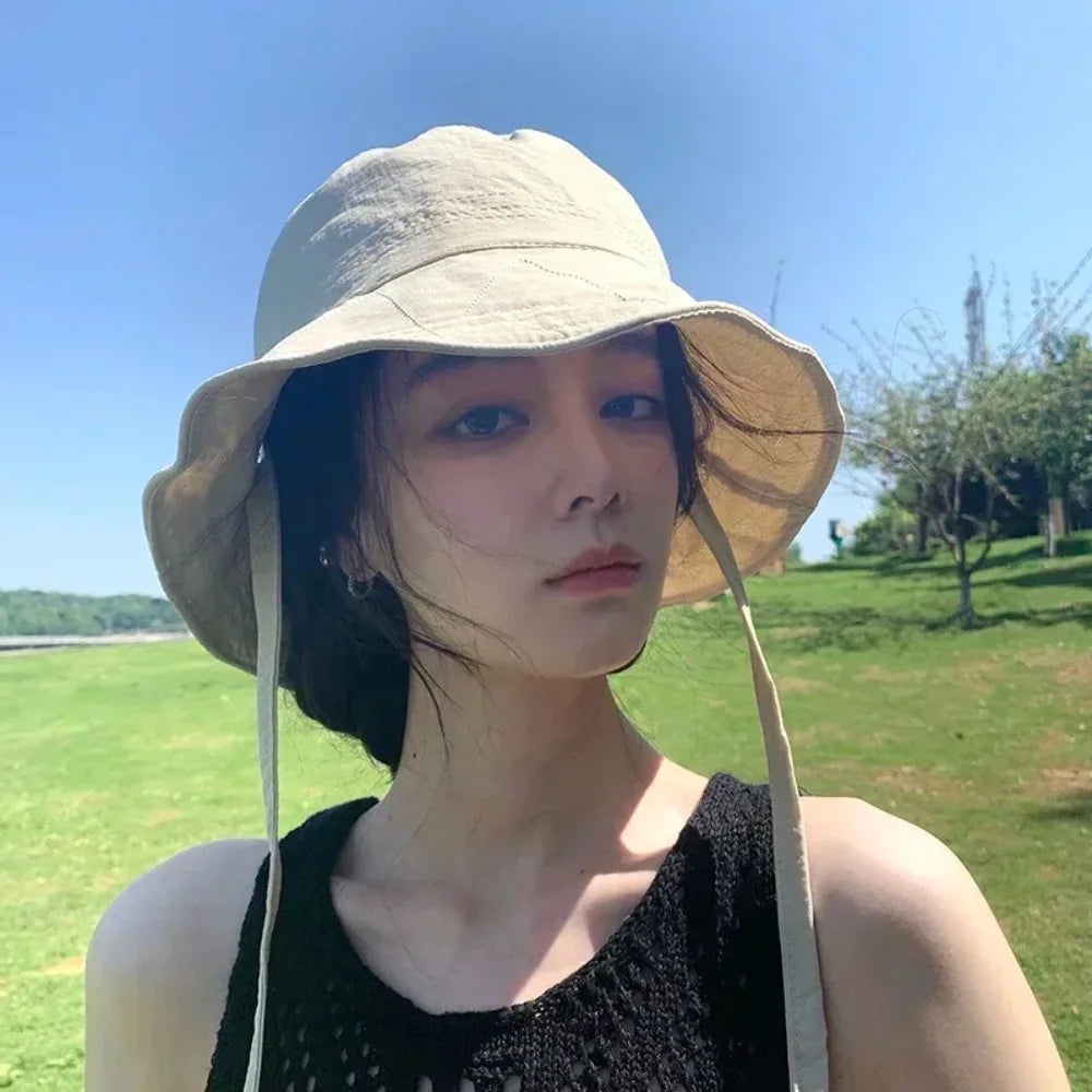 Lace-Up Fisherman Bucket Hat – Knit Sun Hat for Women