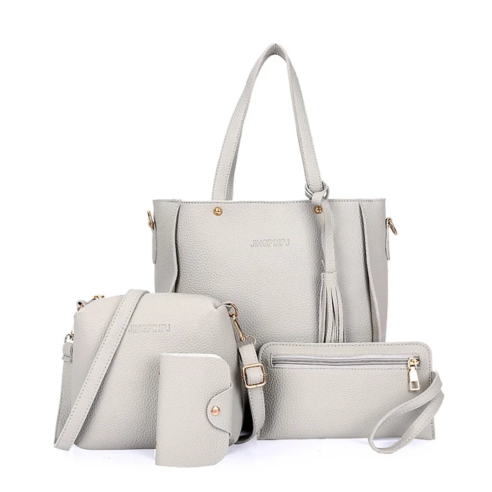 Women's 4-Piece Tote Bag Set | Canvas & PU Leather Purse Set