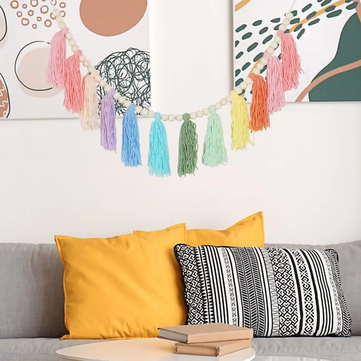 Rainbow Tassel Garland Colorful Pom Wood Bead Easter Spring Girls