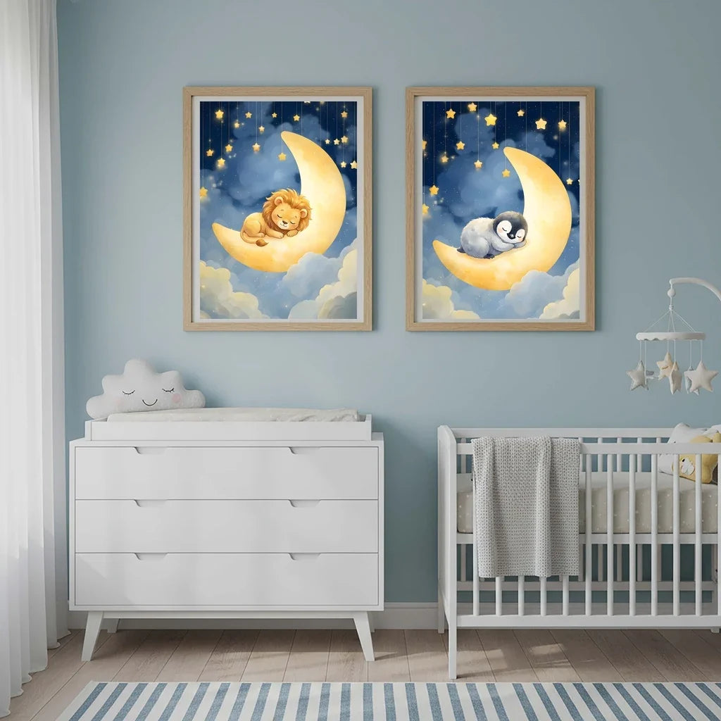Nordic Animal Moon Canvas Print – Baby Nursery Wall Art Poster