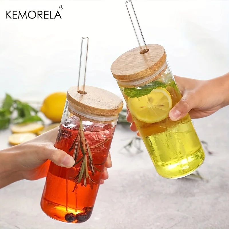 4-Pack 600ml Borosilicate Glass Tumblers with Bamboo Lids & Straws