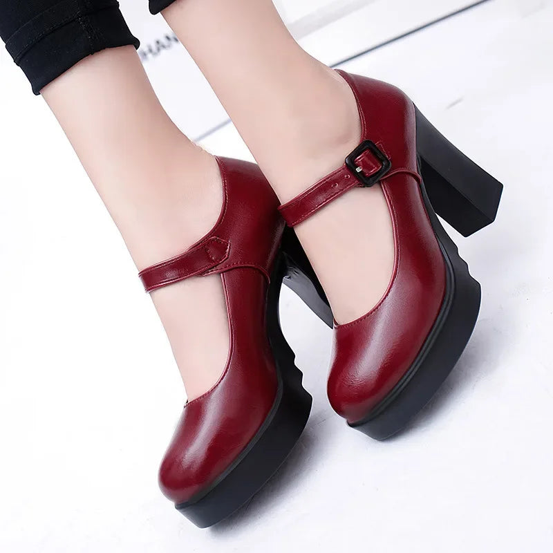 Women's Chunky Heel Pumps – Round Toe Buckle Strap Dress Shoes
