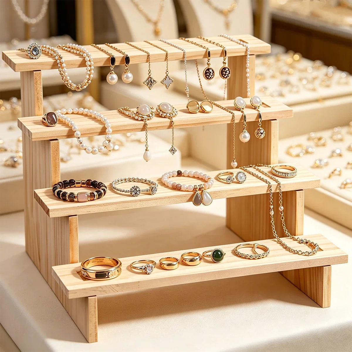 Multilayer Wooden Jewelry Storage Rack Earrings Necklace Display