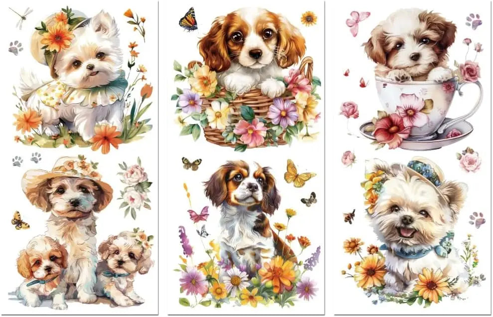 Rub-On Transfer Decals Dogs & Flowers 6×12" 3-Pack UV DTF
