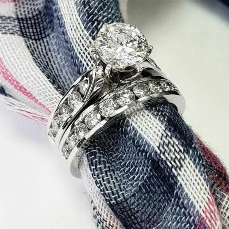 Huitan 2-Piece Round CZ Bridal Ring Set | Women's Eternity Rings