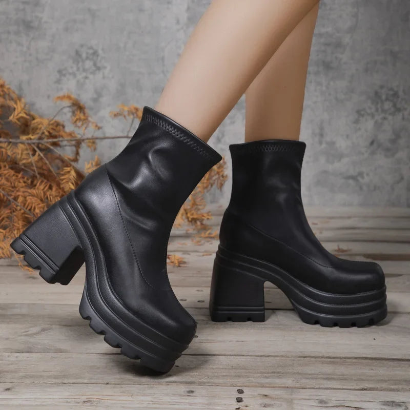 Women's Square Toe High Heel Mid-Calf Boots | Platform Zipper