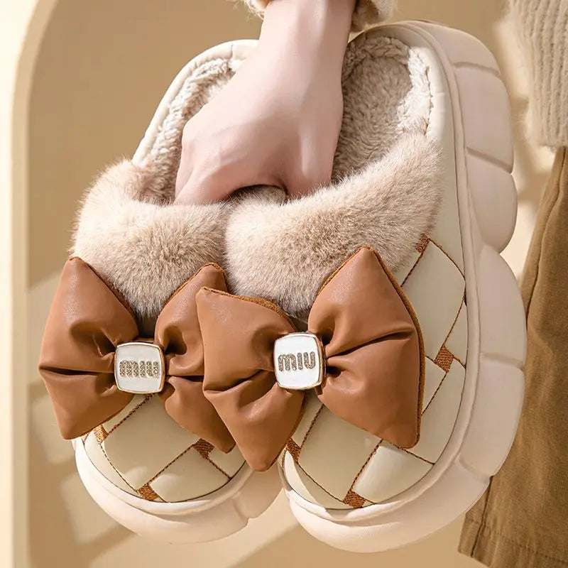 Women's Plush Faux Fur Bow Slippers – Warm Indoor Slides