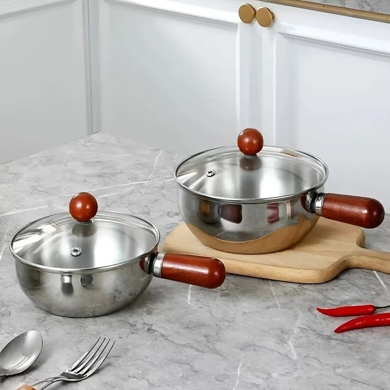 Korean Ramen Pot Lid Stainless Steel Wooden Handle Noodle Cooker 1-2