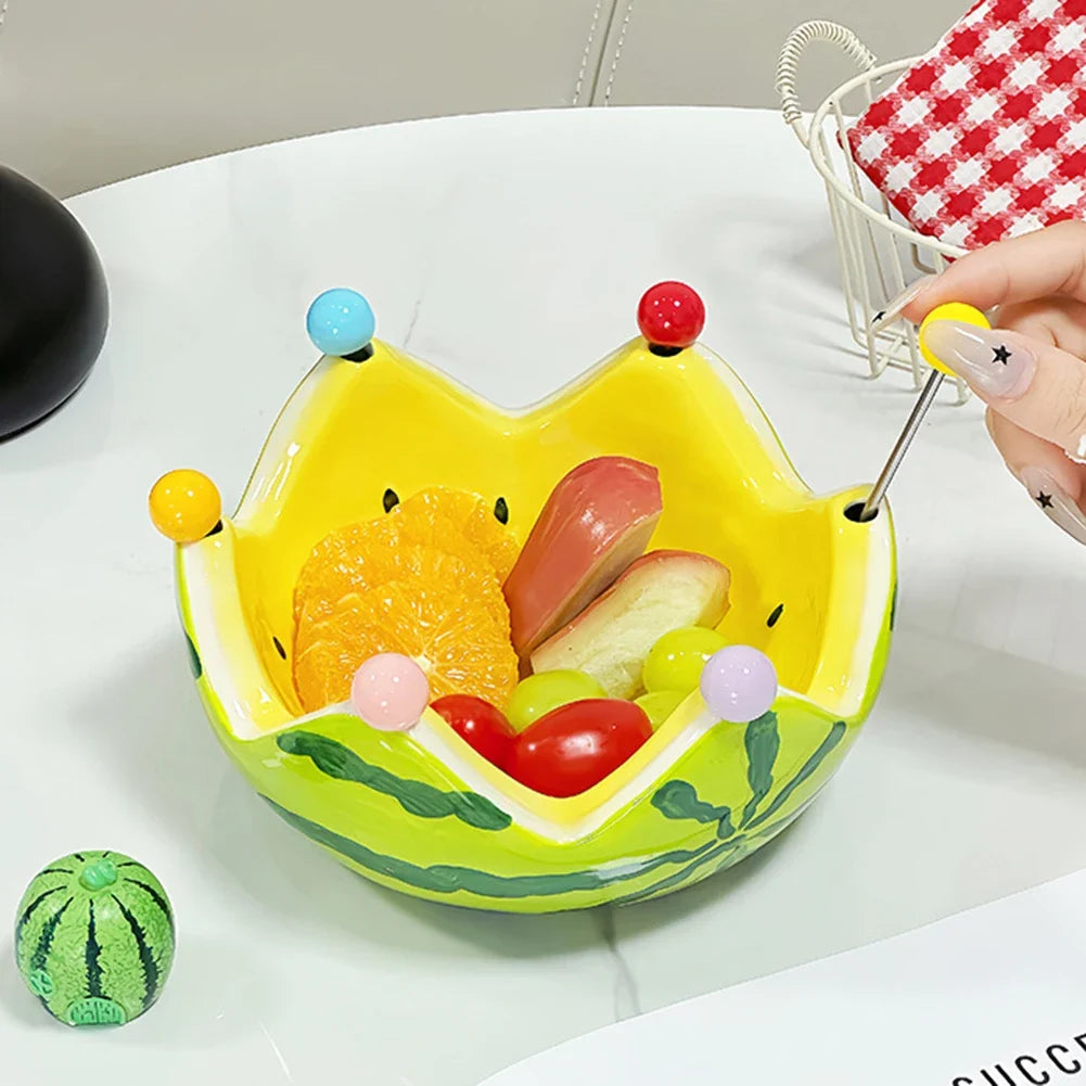 Watermelon Ceramic Fruit Bowl with Forks – Large Capacity