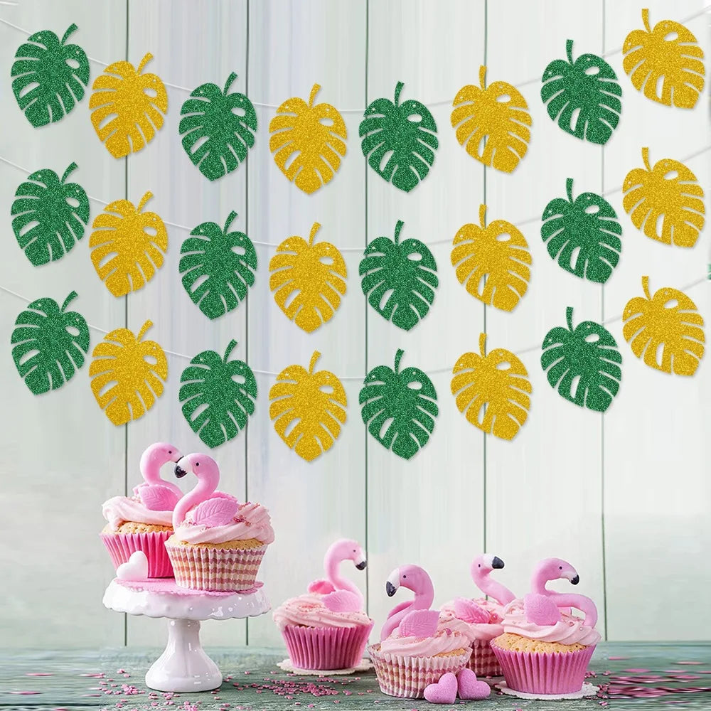 Glitter Tropical Leaf Banner Monstera Palm Leaves Garland Hawaiian