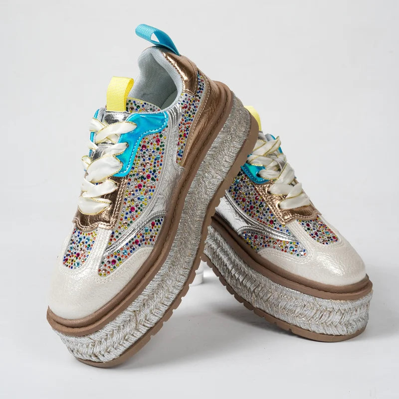 Women's Leather Rhinestone Platform Sneakers | Height Boost