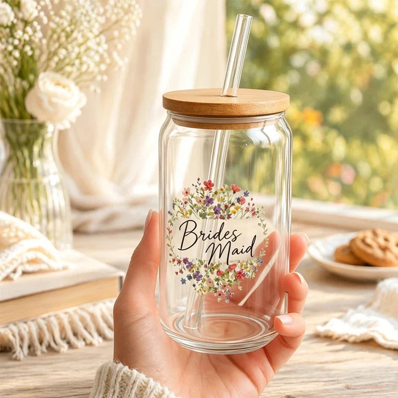 Bridesmaid Wildflower Glass Tumbler | Wooden Lid & Straw Gift