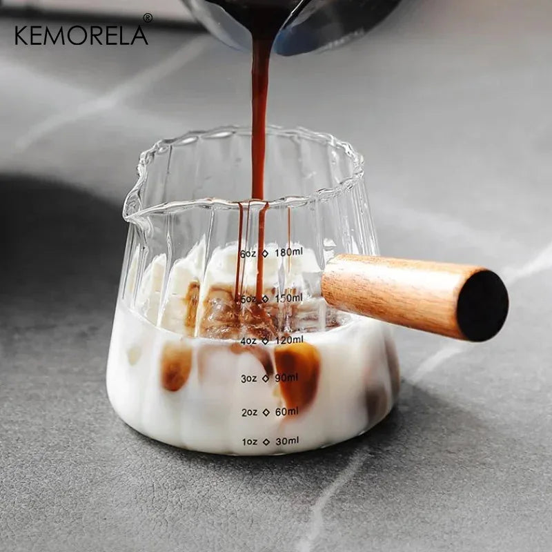 KEMORELA Wooden Handle Glass Milk Pitcher 90/120/180ml
