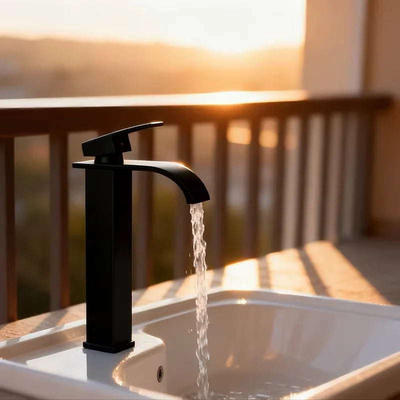 Black Tall Waterfall Bathroom Faucet | Single Hole Ceramic Valve