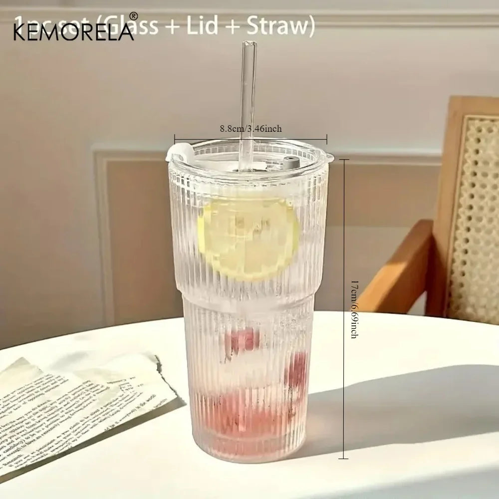KEMORELA 600ml Stripe Glass Cup with Lid & Straw
