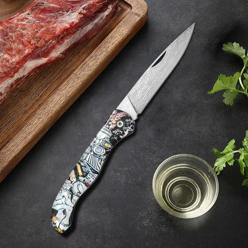 Damascus Steel Folding Pocket Knife – Sharp Blade, Resin Handle