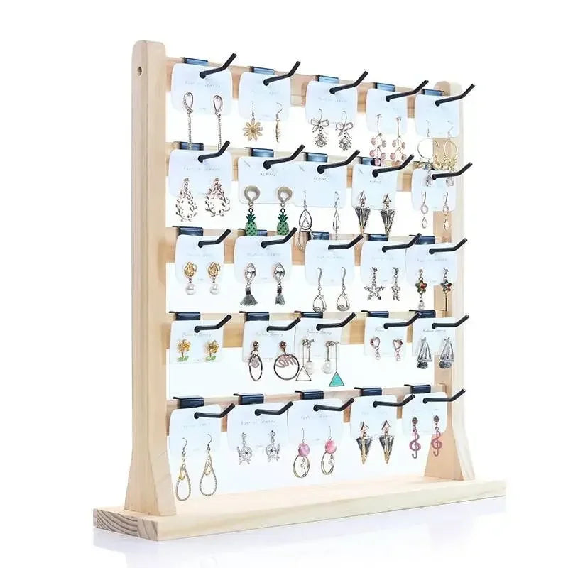 Solid Wood Jewelry Display Rack with Hooks | Multi-Tier Organizer