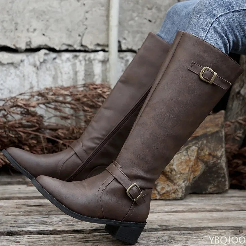Women's Retro Pleated Buckle Knee-High Boots | Thick Heel