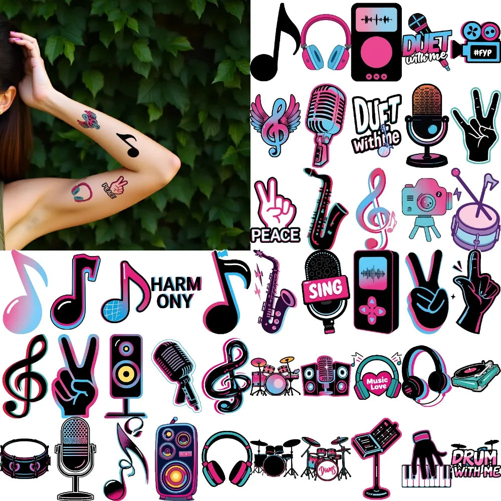 63-Piece Waterproof Temporary Tattoo Stickers – Retro Music Icons