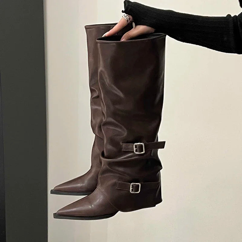 Women's Knee-High Knight Boots – Belt Buckle Chunky Heel