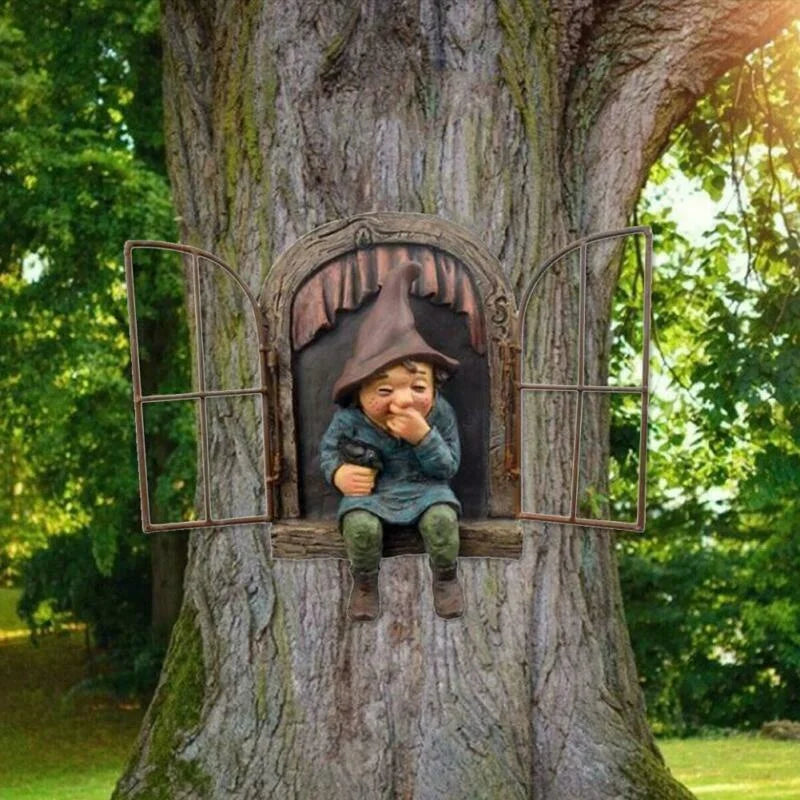 Naughty Garden Gnome Statue – Tree Hugger Elf Yard Decor