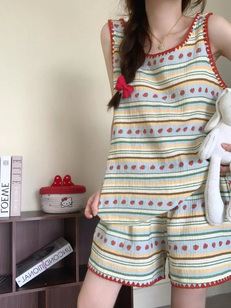 Women's Strawberry Print Pajama Set – Vest & Shorts Loungewear