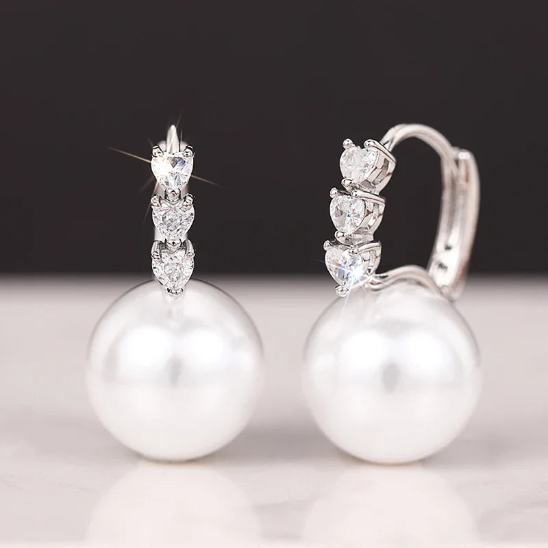 Huitan Bridal Pearl Drop Earrings – Heart CZ Silver Tone