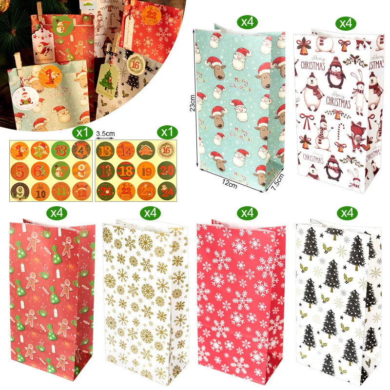 24-Pack Christmas Paper Gift Bags – 6 Designs & Stickers