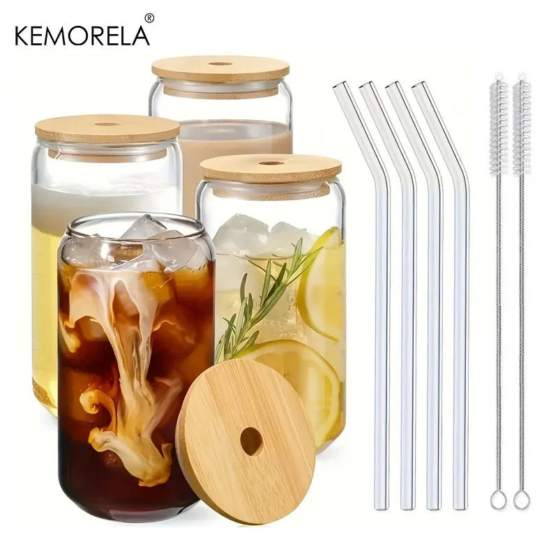 KEMORELA Glass Bubble Tea Cups with Lid & Straw – 1 or 4 Pack