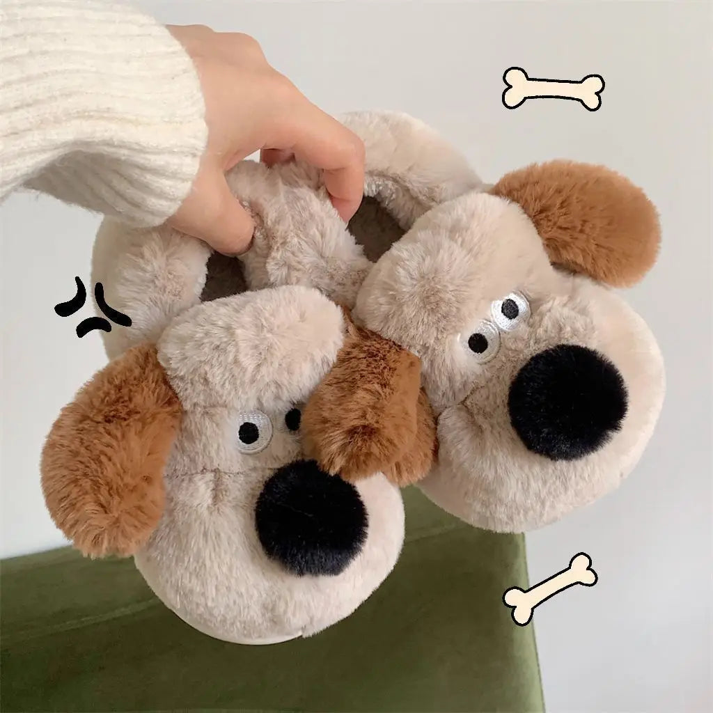 Fluffy Dog Slippers – Warm Furry Animal Slide Shoes for Women
