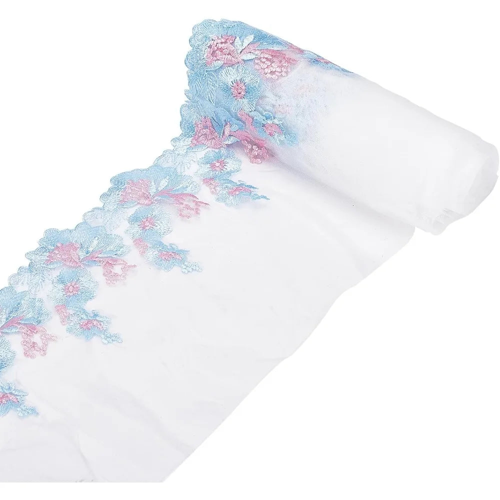 Floral Embroidered Lace Organza Trim – 5 Yards Sky Blue