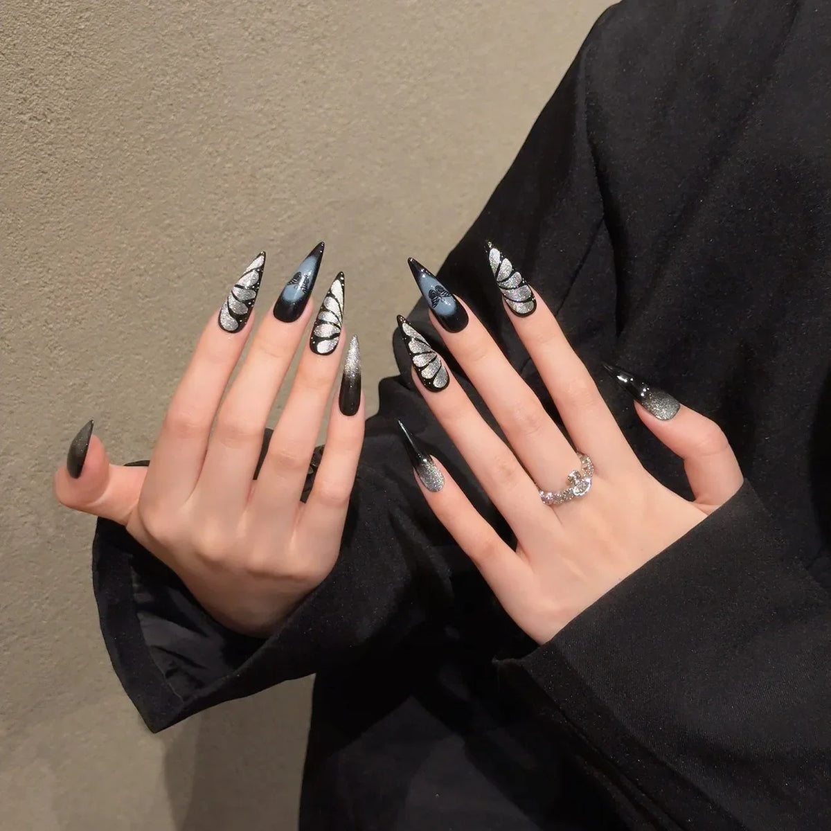 Y2K Press On Nails – Black Cat Eye Butterfly Long Coffin Tips